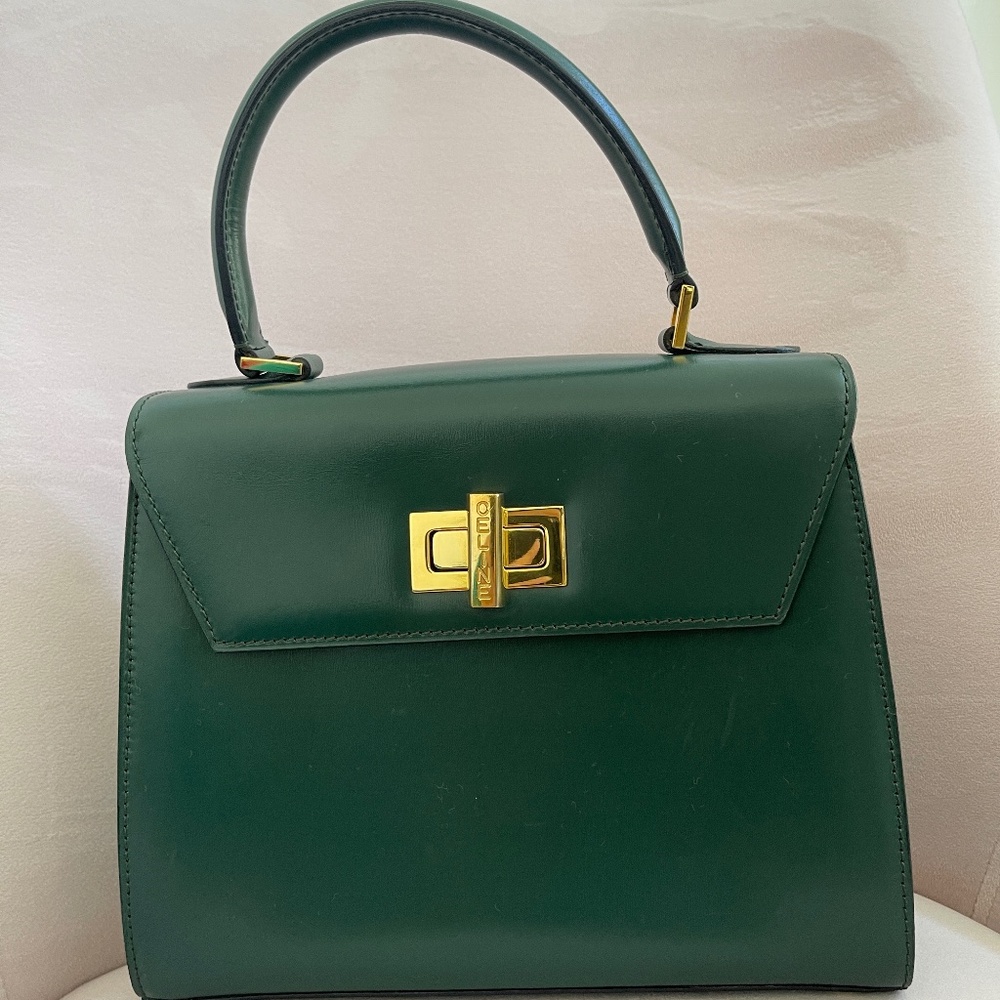 Vintage Green Box Leather Celine Kelly Top Handle Bag